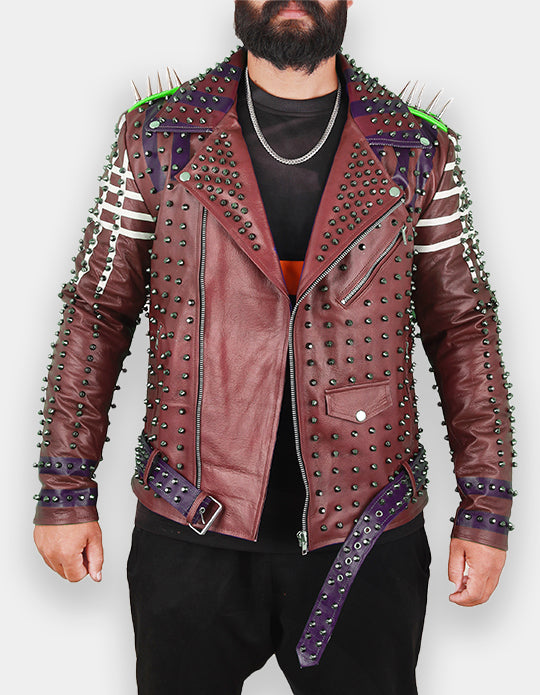 Men's Burgundy & White Studded Leather Jacket with Patches